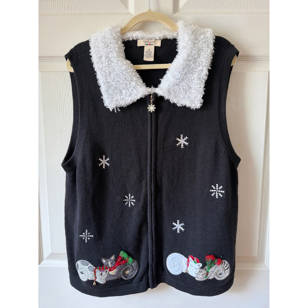 Bechamel Vintage 90s Sweater Vest XL Cat Christmas Snowflake Collar